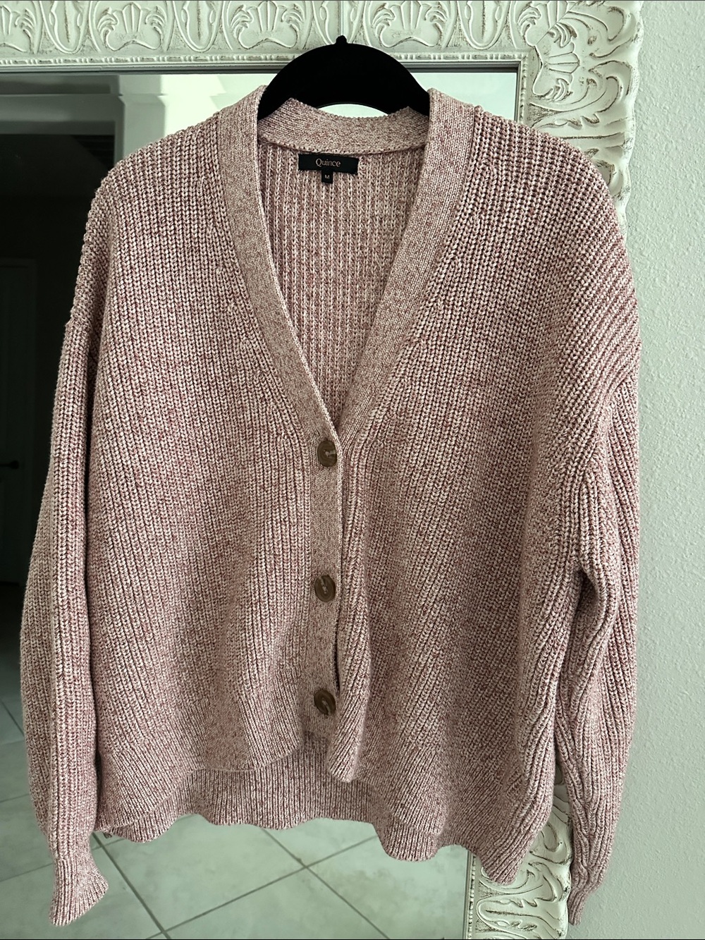 Quince Fisherman Boxy Marled Rose Pink Organic Cotton Cropped Cardigan - Picture 2 of 4